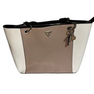 Guess Classic Beige & White tote with Black Straps and Charms. Travel, Work